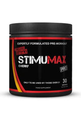 StimuMax Pro Cherry pre-workout supplement in a black jar with vibrant label and 30 servings.