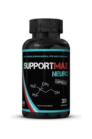 Strom Sports SupportMax Neuro capsules in a black bottle, promoting cognitive health and well-being with natural ingredients.