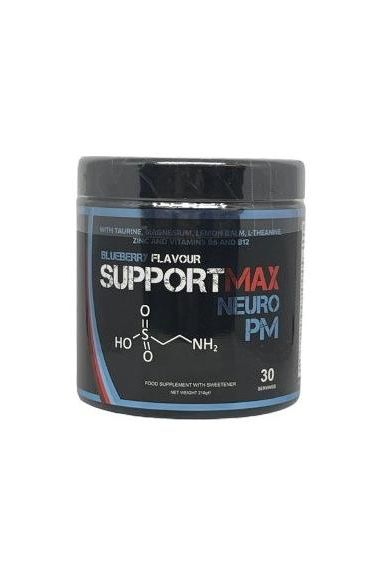 SupportMax Neuro PM supplement jar with blueberry flavor, enhances sleep and cognitive function.