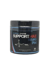 SupportMax Neuro PM supplement jar with blueberry flavor, enhances sleep and cognitive function.
