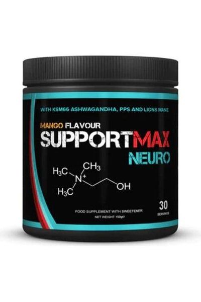 SupportMax Neuro mango flavor supplement jar featuring natural ingredients for optimal health.