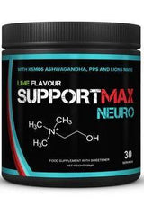SupportMax Neuro health supplement jar with natural ingredients for cognitive support and recovery after exercise.