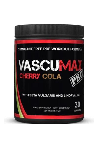 Strom Sports VascuMax Pro Cherry Cola pre workout container with stimulant-free formula.