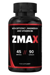 ZMAX dietary supplement bottle with OptiZinc, magnesium, and vitamin B6 for improved sleep and recovery.