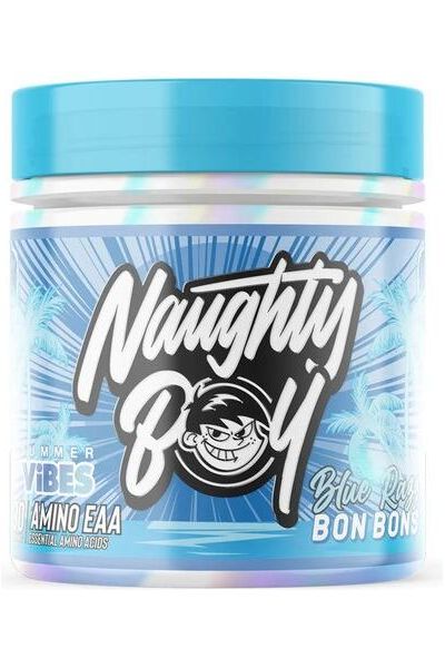 Summer Vibes Amino EAA Blue Raspberry Bon Bons powder container with vibrant packaging