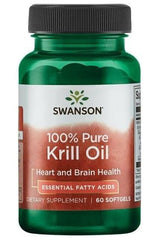 Swanson 100% Pure Krill Oil bottle for heart and brain health, 60 softgels, rich in omega-3 fatty acids.