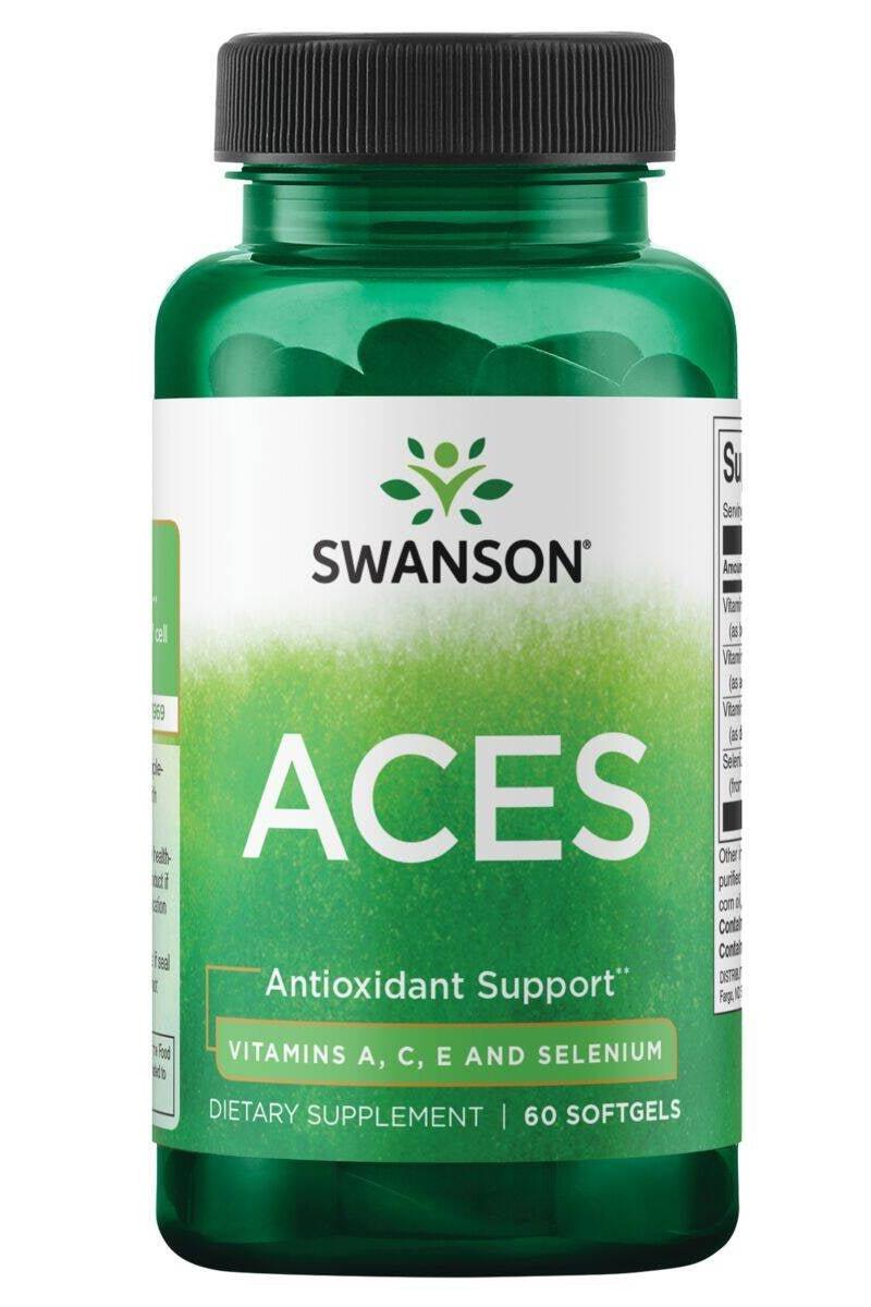 Swanson ACES dietary supplement bottle with vitamins A, C, E, and selenium for antioxidant support.