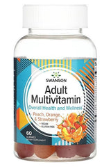 Swanson Adult Multivitamin gummies for overall health, featuring peach, orange, and strawberry flavors, vegan and gluten-free.