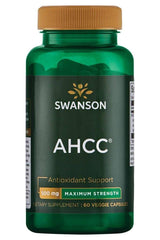 Swanson AHCC supplement bottle with 60 veggie capsules for antioxidant support and immune health.