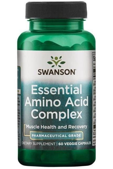 Swanson Essential Amino Acid Complex in a green bottle for muscle health and recovery, 60 veggie capsules.