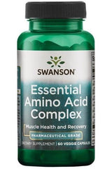Swanson Essential Amino Acid Complex in a green bottle for muscle health and recovery, 60 veggie capsules.