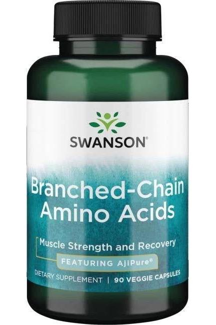 Swanson Ajipure BCAA supplement bottle for muscle recovery and strength, containing 90 veggie capsules.