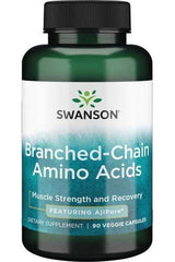 Swanson Ajipure BCAA supplement bottle for muscle recovery and strength, containing 90 veggie capsules.