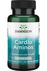 Swanson Cardio Aminos supplement bottle for cardiovascular health, featuring AjiPure, 60 veggie capsules.