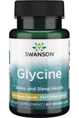 Swanson Ajipure Glycine supplement bottle, 500 mg per capsule, 60 vegetable capsules for stress and sleep health.
