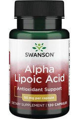 Swanson Alpha Lipoic Acid supplement bottle, 50 mg per capsule, 120 capsules for antioxidant support.