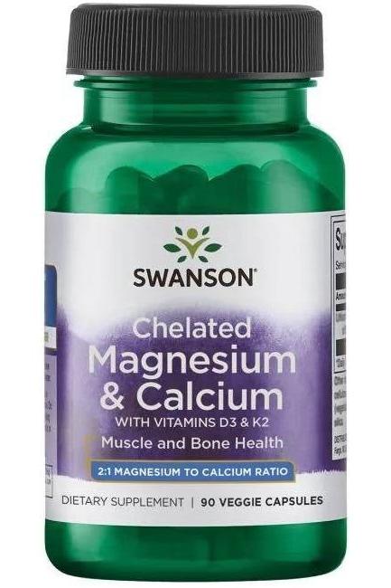 Swanson Chelated Magnesium and Calcium supplement with D3 and K2 for muscle and bone health, 90 veggie capsules.