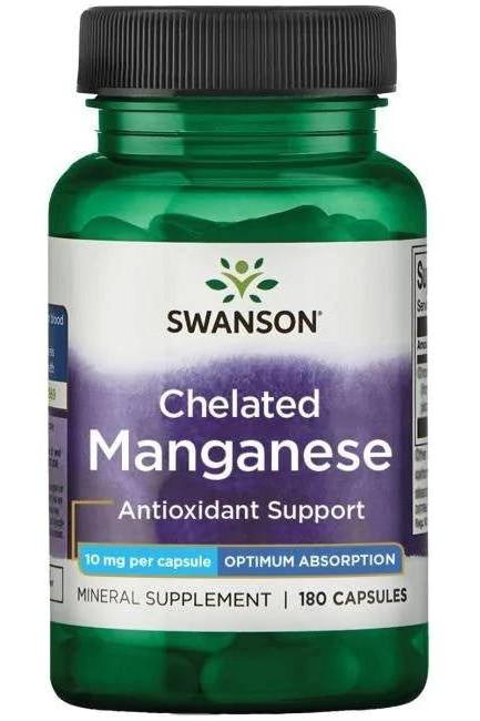 Swanson Chelated Manganese supplement bottle, 10 mg per capsule, 180 capsules for optimal health support.