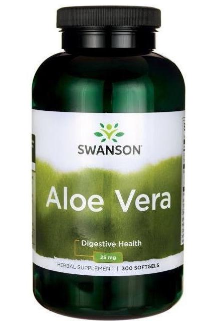 Swanson Aloe Vera dietary supplement bottle for digestive health, 300 softgels, 25 mg per serving.
