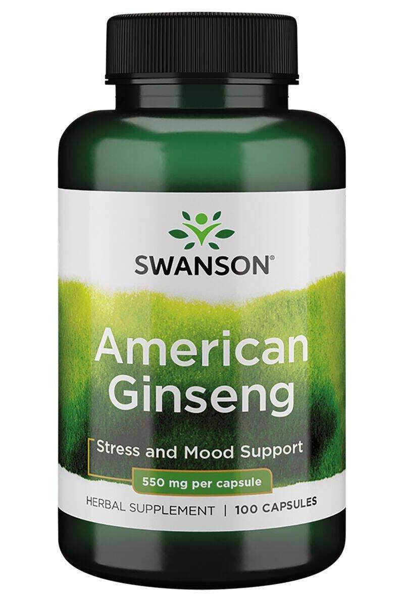 Swanson American Ginseng 550 mg capsules for energy, stress relief, and mental clarity, 100 count.