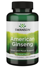 Swanson American Ginseng 550 mg capsules for energy, stress relief, and mental clarity, 100 count.