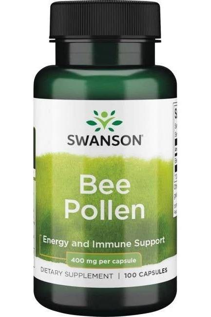 Swanson Bee Pollen 400 mg dietary supplement for energy and immune support, 100 capsules bottle.