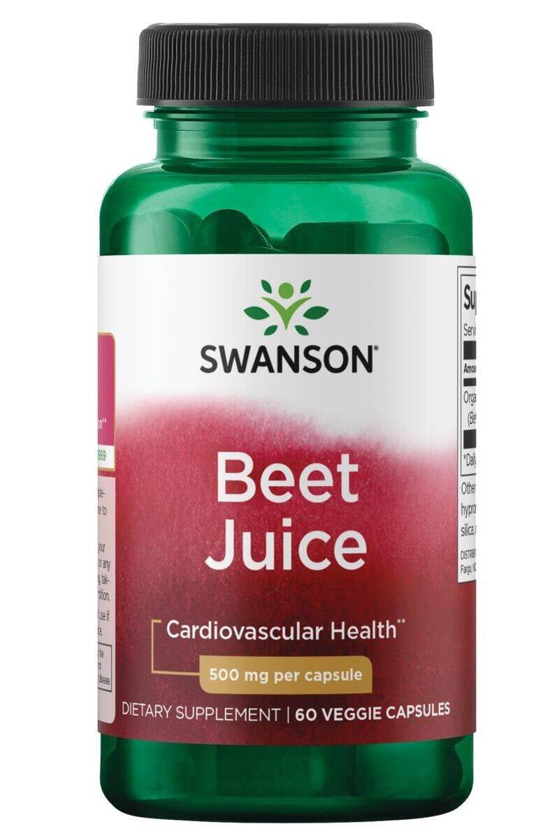 Swanson Beet Juice capsules for cardiovascular health, 500 mg per capsule, 60 veggie capsules in a green bottle.