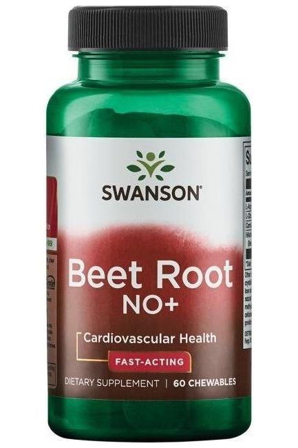 Swanson Beet Root NO+ dietary supplement bottle for cardiovascular health, featuring 60 fast-acting chewables.