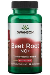 Swanson Beet Root NO+ dietary supplement bottle for cardiovascular health, featuring 60 fast-acting chewables.