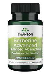 Swanson Berberine Advanced supplement bottle featuring enhanced absorption for cardiovascular health, 30 veggie capsules.