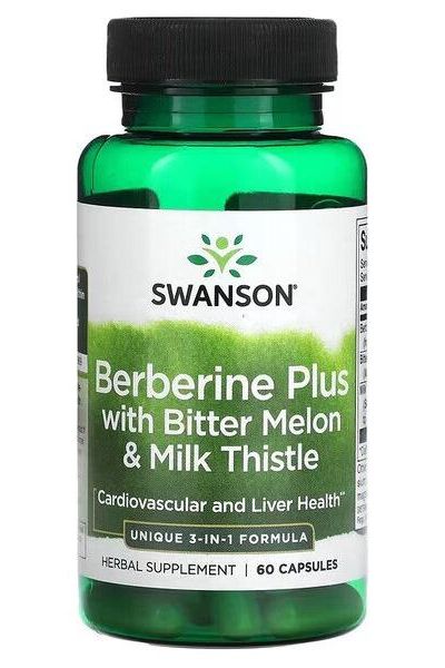 Swanson Berberine Plus with Bitter Melon & Milk Thistle 60 capsules for cardiovascular and liver health.