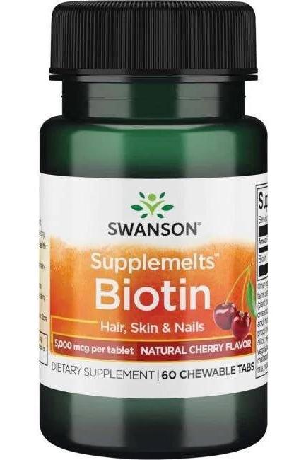 Swanson Biotin Supplemelts 60 Chewable Tabs for hair, skin, and nails with natural cherry flavor, 5000 mcg per tablet.