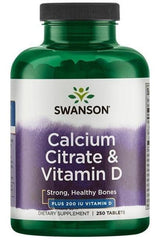 Swanson Calcium Citrate & Vitamin D supplement bottle for strong bones, featuring 250 tablets in green packaging.