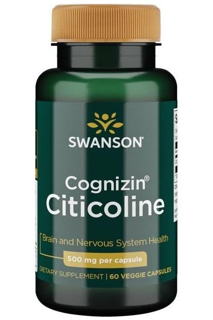 Swanson Cognizin Citicoline supplement bottle for brain and nervous system health, 500 mg, 60 veggie capsules.