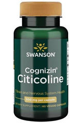 Swanson Cognizin Citicoline supplement bottle for brain and nervous system health, 500 mg, 60 veggie capsules.