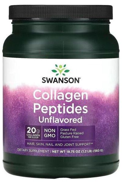 Swanson Collagen Peptides container, grass-fed, non-GMO, supports skin, hair, nails, and joints, gluten-free.