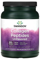 Swanson Collagen Peptides container, grass-fed, non-GMO, supports skin, hair, nails, and joints, gluten-free.