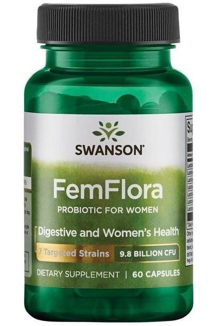 Swanson Femflora probiotic supplement for women, 60 capsules, supports digestive and women's health.