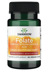 Swanson Folate 5-Methyltetrahydrofolic Acid supplement for cellular and prenatal health, 30 veggie caps.