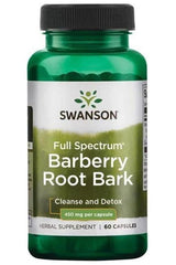 Swanson Full Spectrum Barberry Root Bark supplement bottle for natural cleansing and detox, 60 capsules, 450 mg each.
