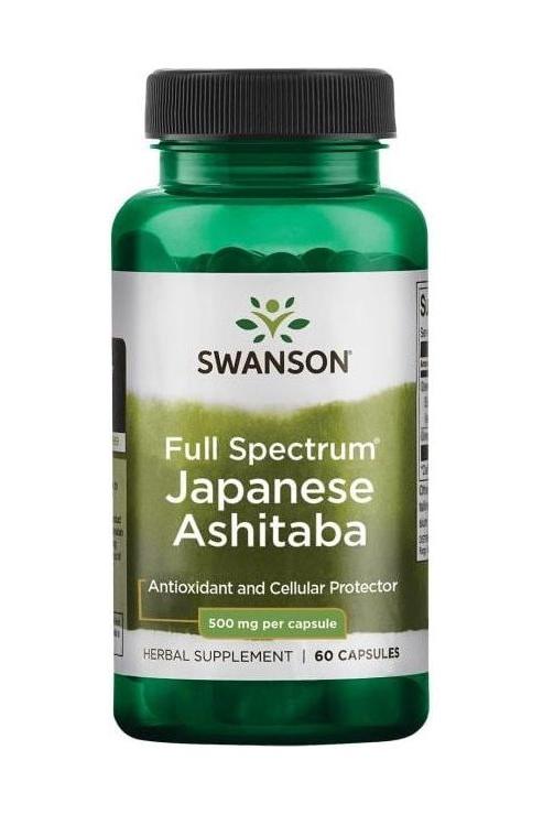 Swanson Full Spectrum Japanese Ashitaba supplement bottle, 500mg per capsule, 60 capsules, antioxidant support.
