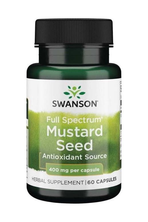 Swanson Full Spectrum Mustard Seed supplement bottle, 400mg per capsule, 60 capsules, boosts energy and digestion.