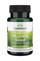 Swanson Full Spectrum Mustard Seed supplement bottle, 400mg per capsule, 60 capsules, boosts energy and digestion.