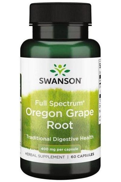 Swanson Full Spectrum Oregon Grape Root bottle with 60 capsules for digestive health support.