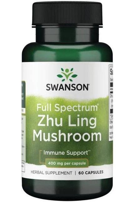 Swanson Full Spectrum Zhu Ling Mushroom supplement bottle for immune support, 400 mg per capsule, 60 capsules.