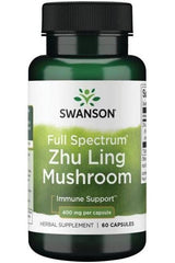 Swanson Full Spectrum Zhu Ling Mushroom supplement bottle for immune support, 400 mg per capsule, 60 capsules.