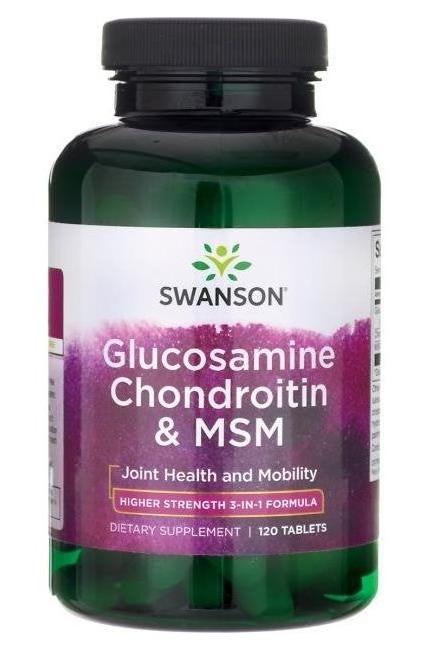 Swanson Glucosamine Chondroitin MSM supplement bottle for joint health and mobility, 120 tablets.