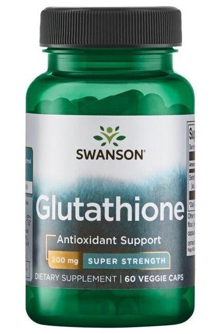 Swanson Glutathione supplement bottle, 200 mg, 60 veggie caps, antioxidant support for improved vitality.