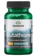 Swanson Glutathione supplement bottle, 200 mg, 60 veggie caps, antioxidant support for improved vitality.