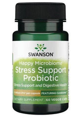 Swanson Happy Microbiome Stress Support Probiotic supplement bottle with 60 veggie capsules for stress and digestive health.